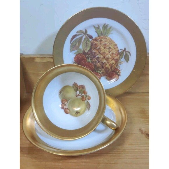 Vtg 3-pc Westminster Australia Trio Cup Saucer Plate Nuts Fruit Leaves Gold Rim - Picture 1 of 9
